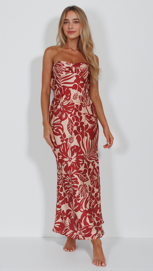 AIIZIE KONA COWL BACK MIDI DRESS FLORAL FLAME - product image