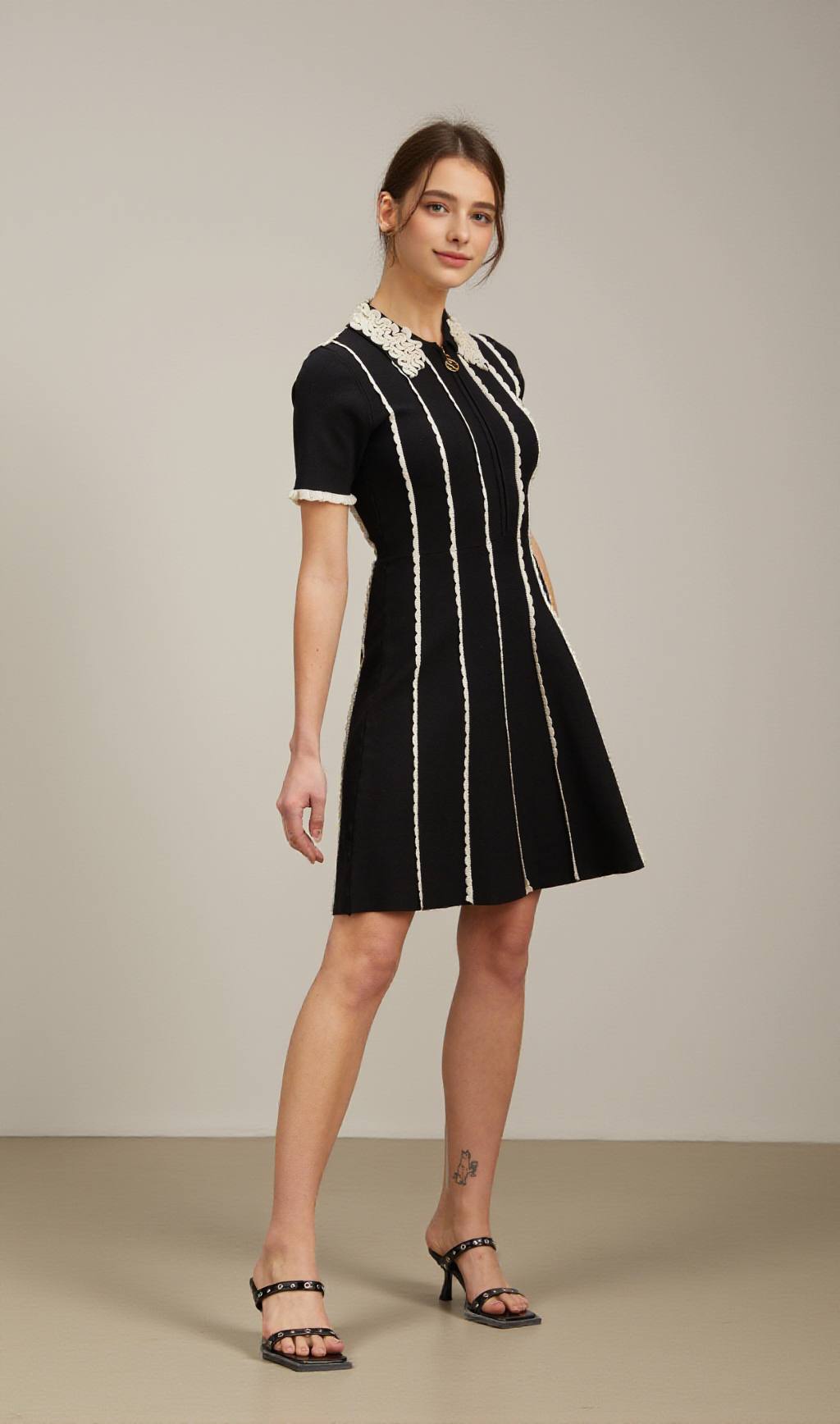 ZAZIE BLACK VERTICAL-STRIPED RUFFLE-TRIM KNIT MINI DRESS
