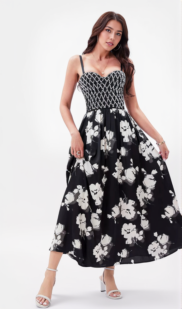 AIIZIE BLACK BEAD FLORAL MAXI DRESS - product image