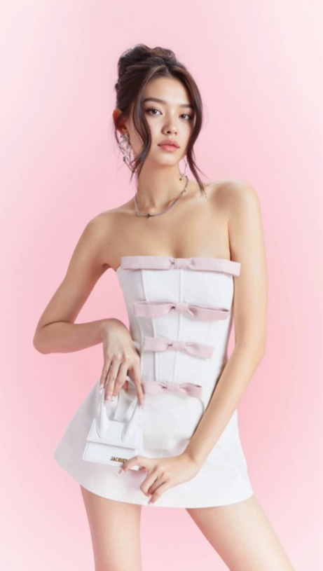 TRÄGERLOSES MINI-A-LINIEN-KLEID MIT SCHLEIFE IN WEISS