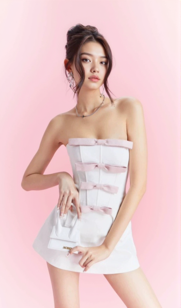 TRÄGERLOSES MINI-A-LINIEN-KLEID MIT SCHLEIFE IN WEISS