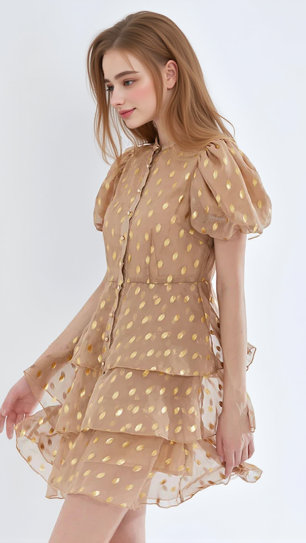 AIIZIE POLKA DOT LAYERED PRINT MINI DRESS IN KAHKI - product image