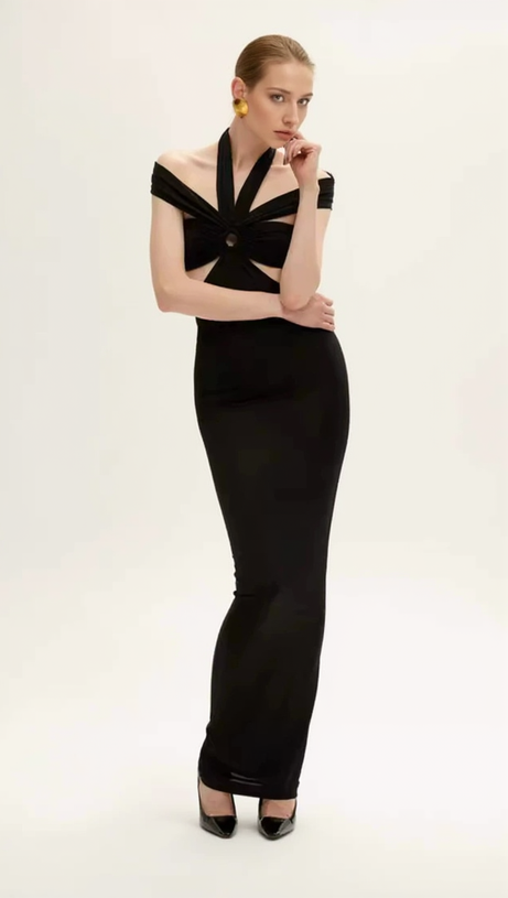 BLACK CUTOUT HALTER BANDAGE MAXI DRESS