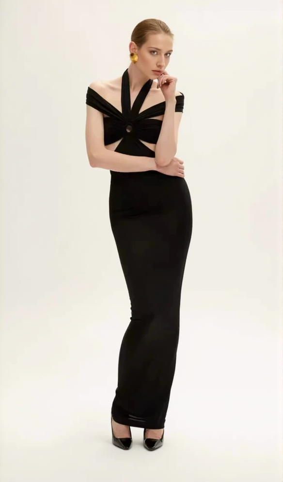 AIIZIE BLACK CUTOUT HALTER BANDAGE MAXI DRESS - product image