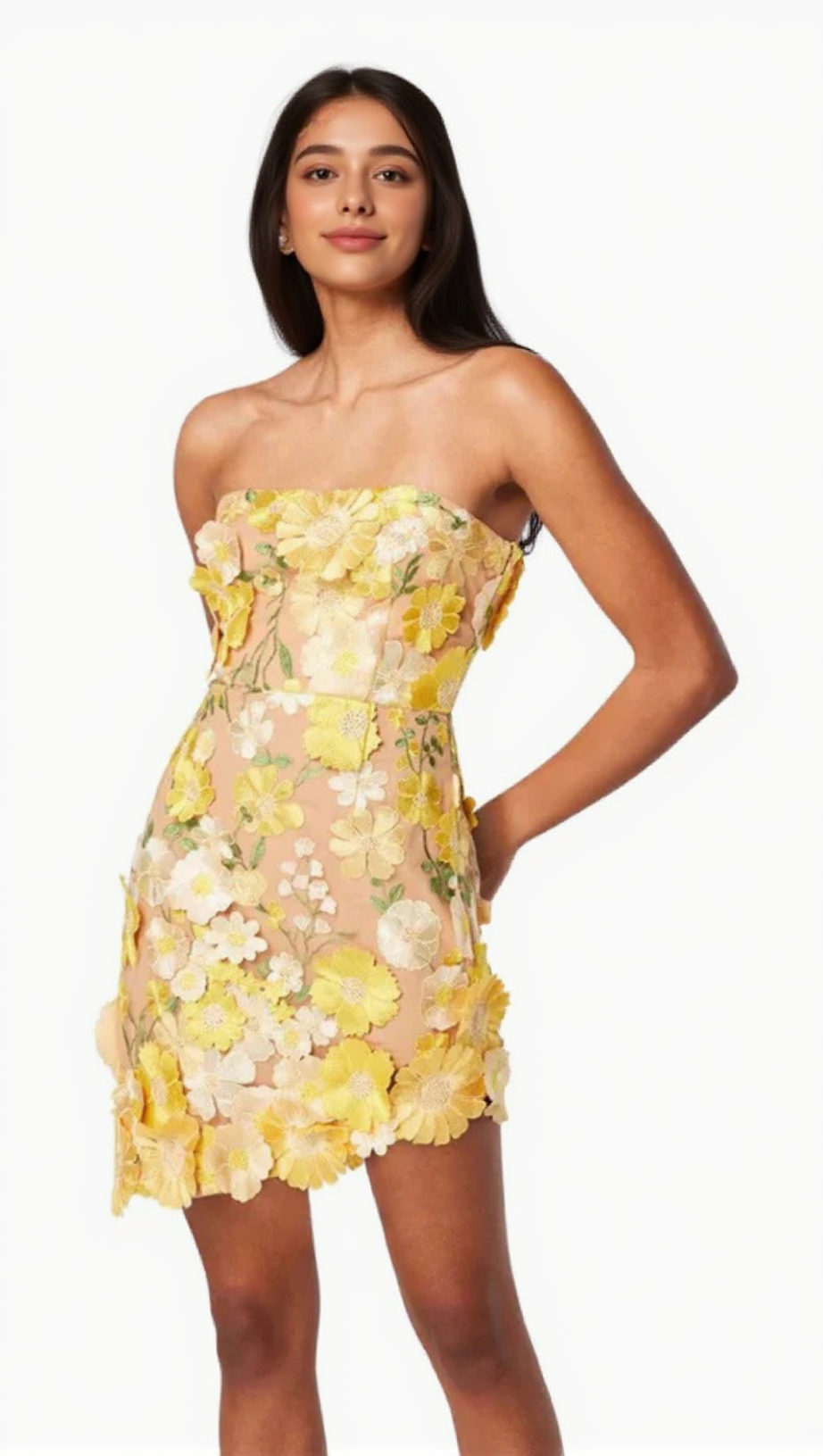 Trägerloses Minikleid mit Blumenmuster in Gelb