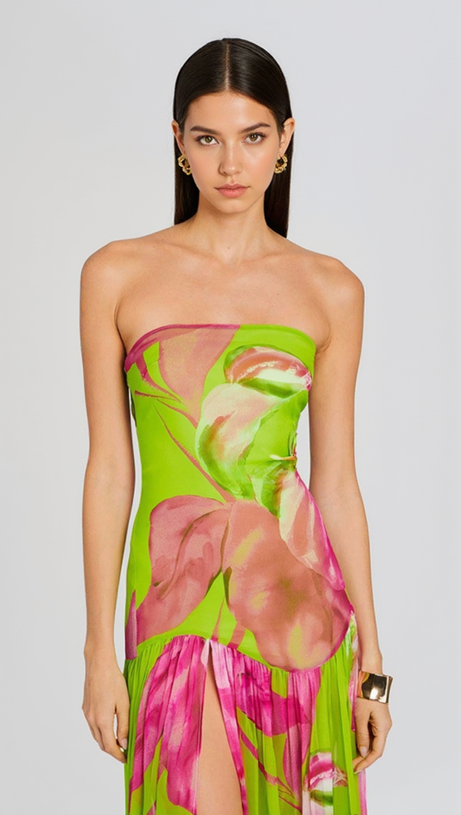 STRAPLESS SILK MAXI DRESS IN LIME ANTHURIUM