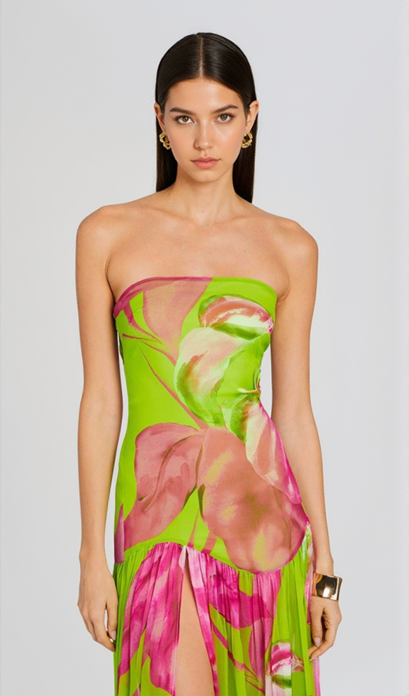 STRAPLESS SILK MAXI DRESS IN LIME ANTHURIUM