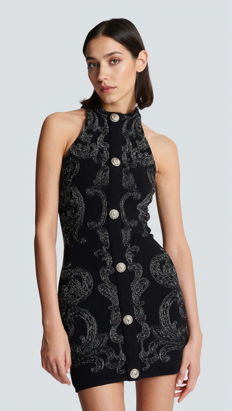 ÄRMELLOSES MINIKLEID MIT PAISLEY-STRICK