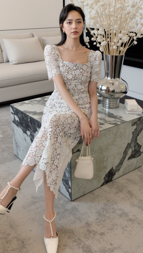 EMBELLISHED GUIPURE LACE MIDI DRESS IN WHITE