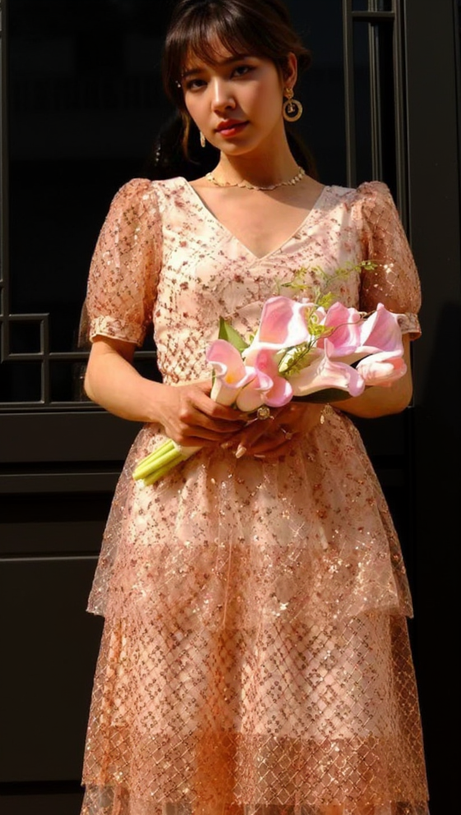 ABITO MIDI A VOLANTI CON PAILLETTES E SCOLLO A V