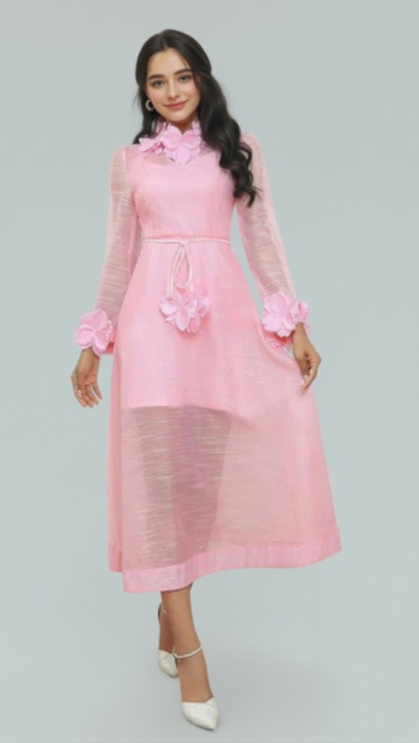 AIIZIE VICKY FLOWER EMBELLISHED LACE MIDI DRESS IN PINK - product image