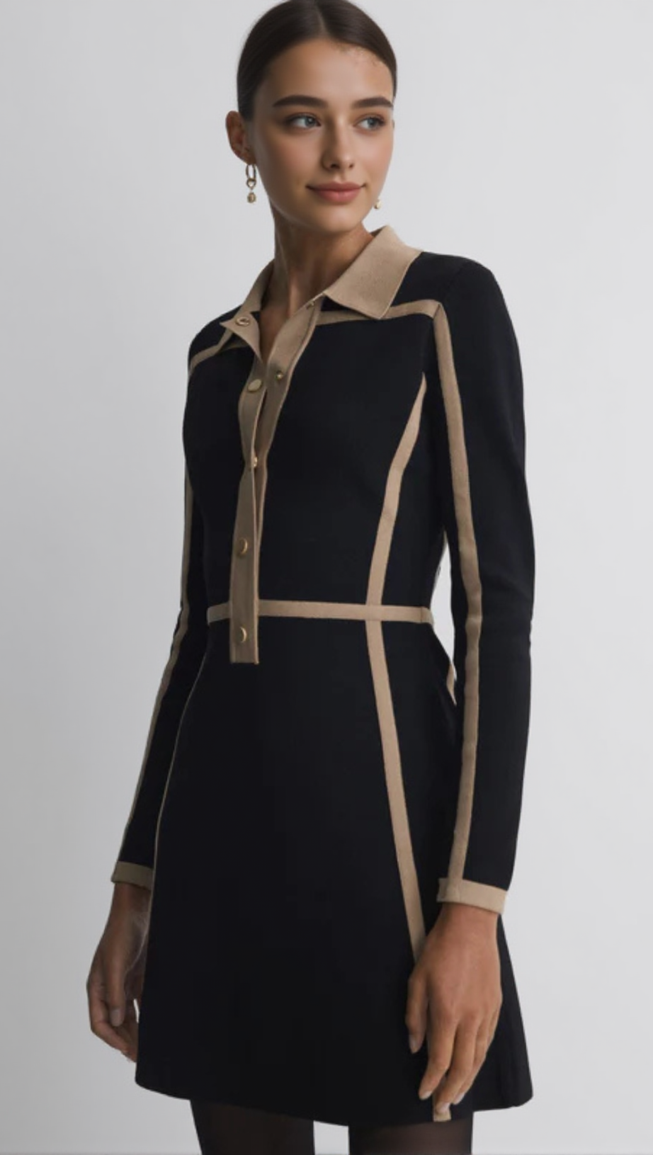 CONTRAST TRIM PRESS-STUD MINI DRESS IN BLACK/CAMEL