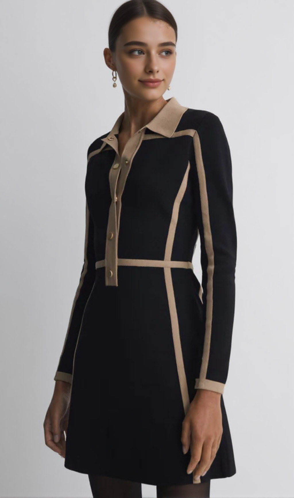 CONTRAST TRIM PRESS-STUD MINI DRESS IN BLACK/CAMEL