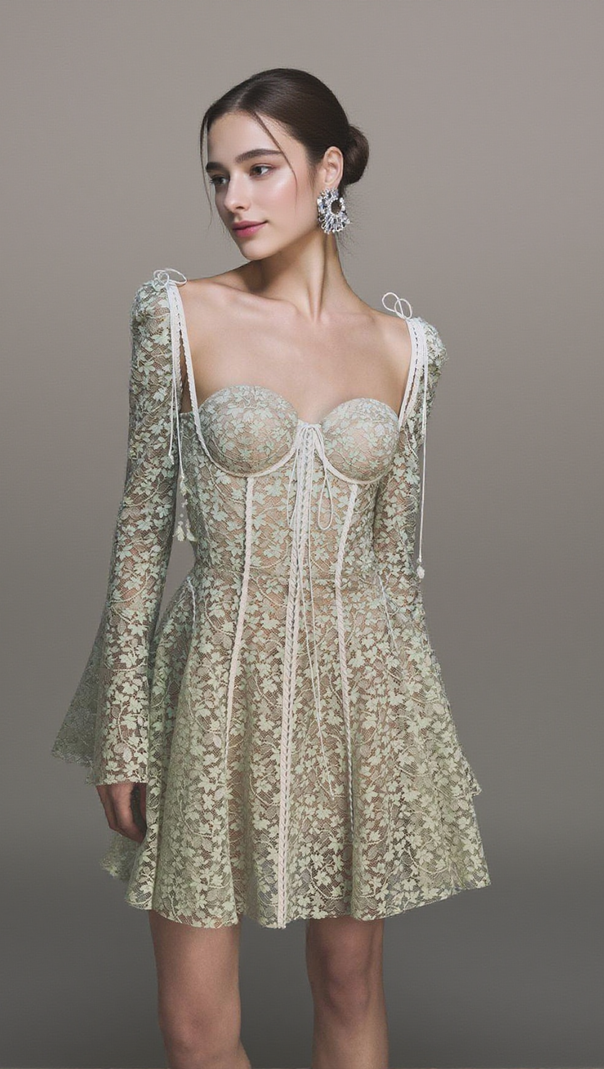 AIIZIE TERESA TRUMPET SLEEVE LACE EMBROIDERY MINI DRESS IN GREEN - product image