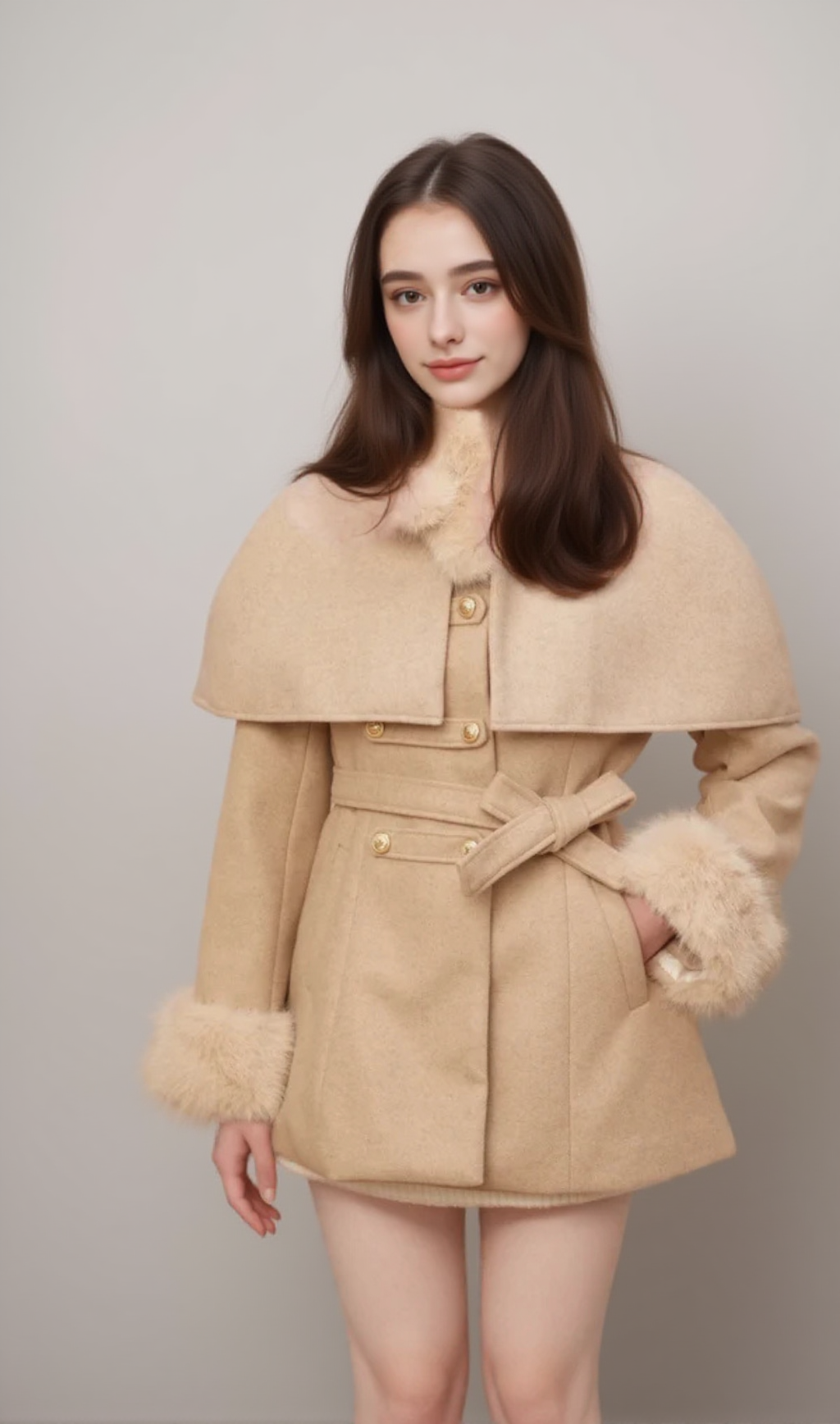 ROSELLA DETACHABLE-CAPE FAUX-FUR COAT