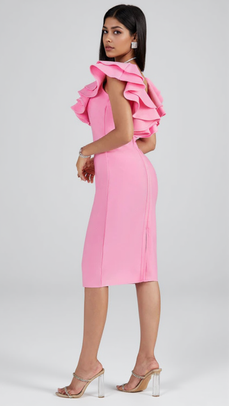 PLEATED RUFFLE BANDAGE MIDI DRESS IN PINK