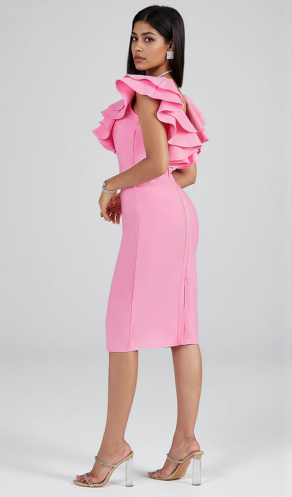 PLEATED RUFFLE BANDAGE MIDI DRESS IN PINK