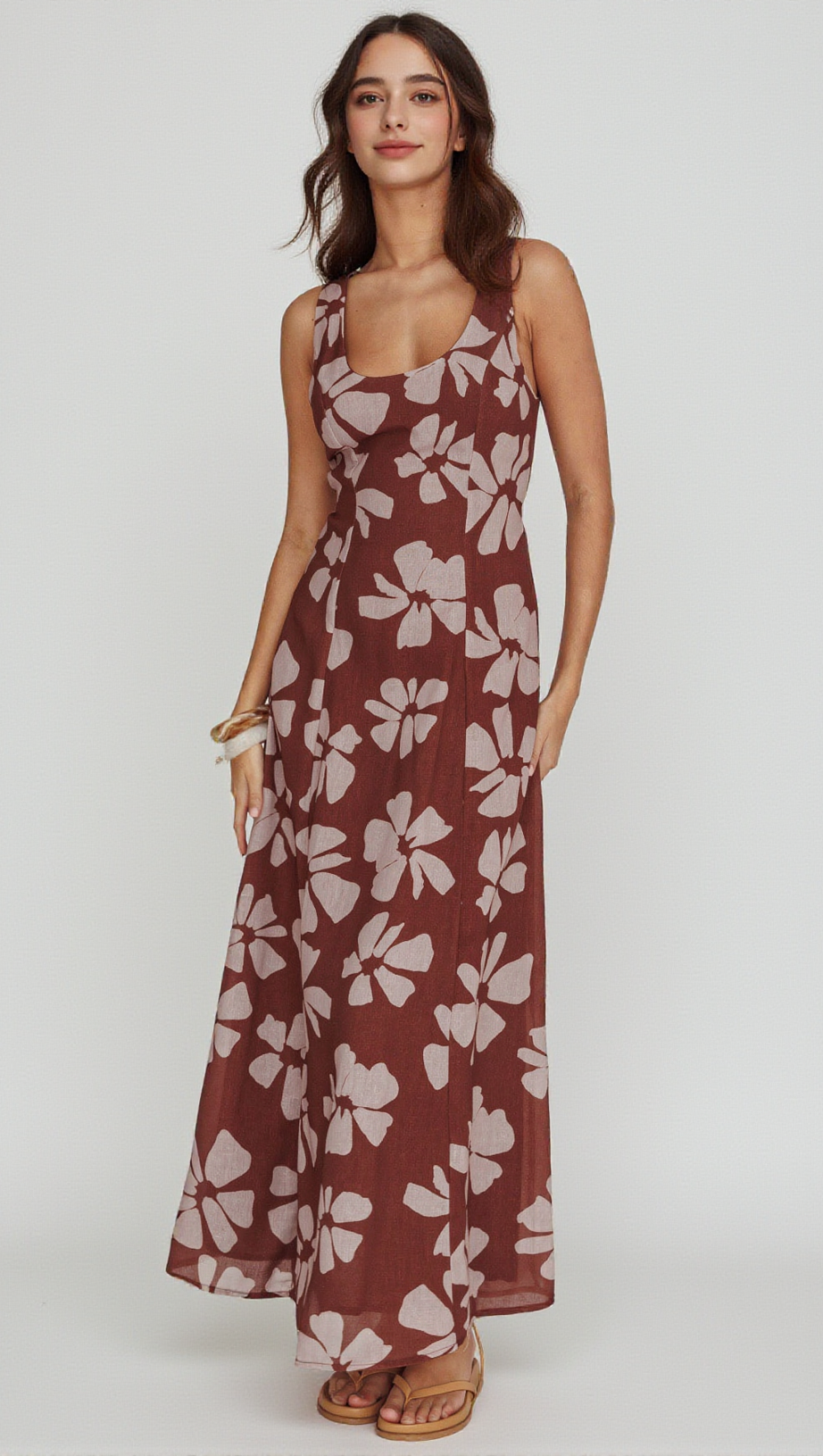 LILLIA FLORAL A-LINE MAXI DRESS BROWN