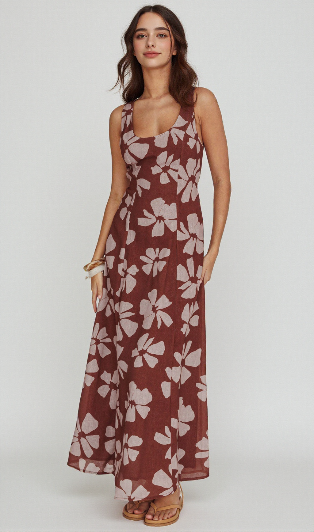 LILLIA FLORAL A-LINE MAXI DRESS BROWN