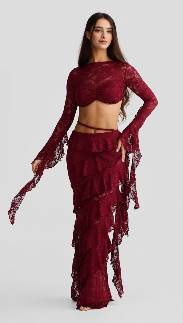 CRAFTED ROPE CROP TOP  LACE SKIRT SET IN BURGUNDY