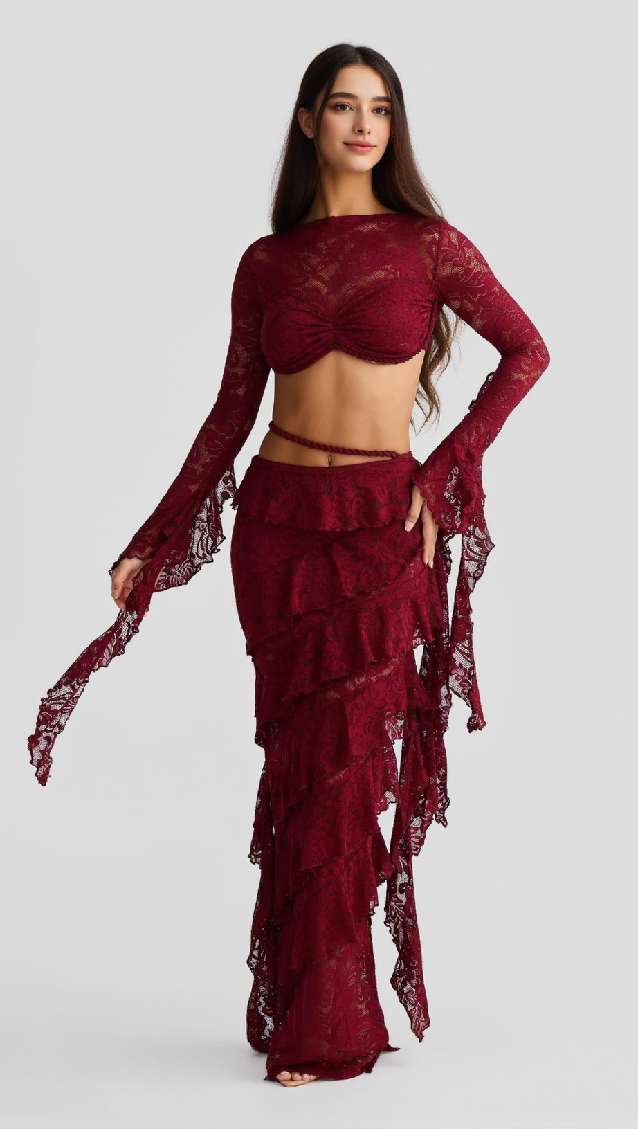 Crafted Rope Crop Top Spitzenrock-Set in Burgunderrot