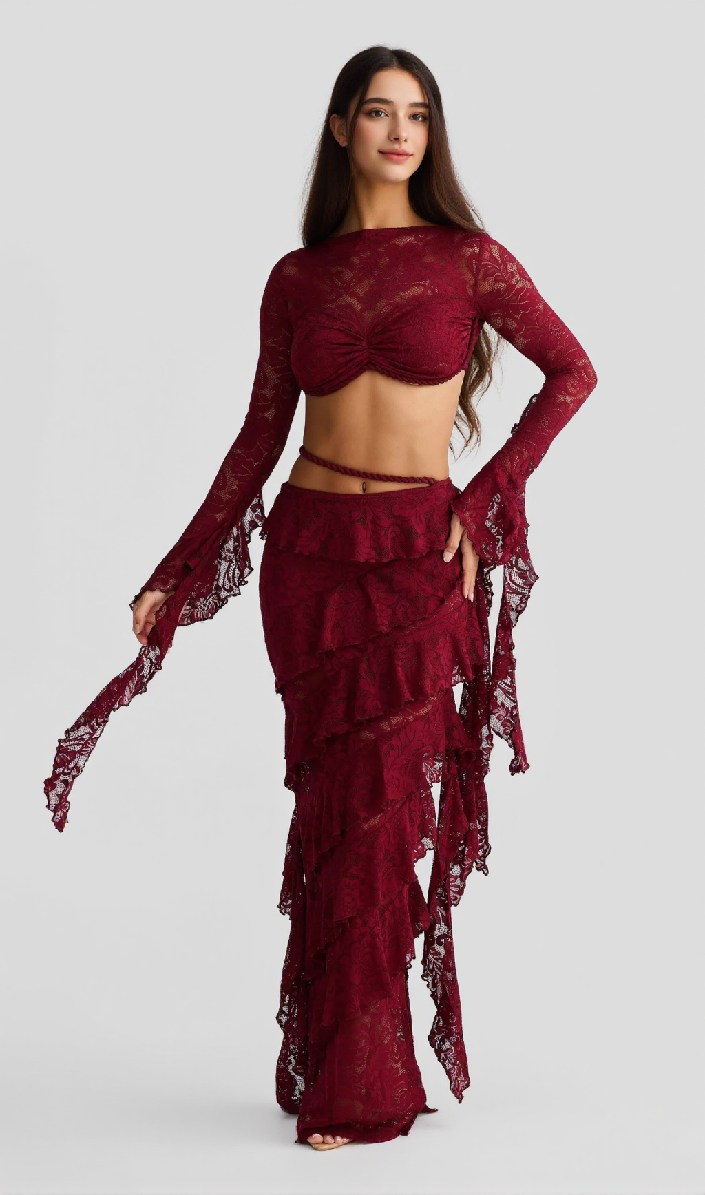 CRAFTED ROPE CROP TOP  LACE SKIRT SET IN BURGUNDY