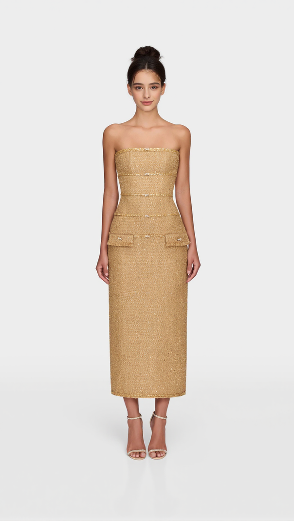 AIIZIE ELBORNO GOLD EMBELLISHED STRAPLESS MIDI DRESS - product image