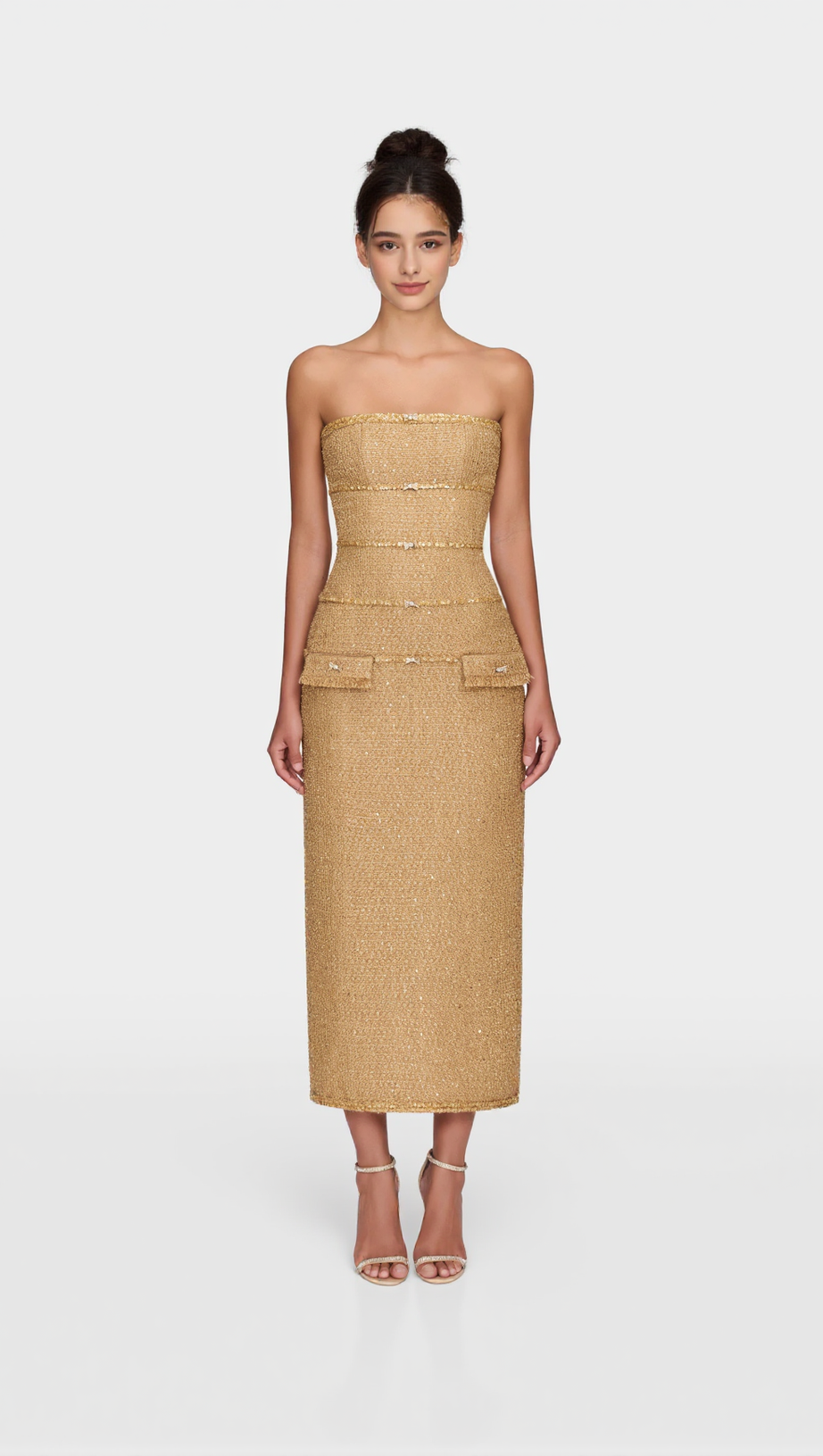 ELBORNO GOLD EMBELLISHED STRAPLESS MIDI DRESS