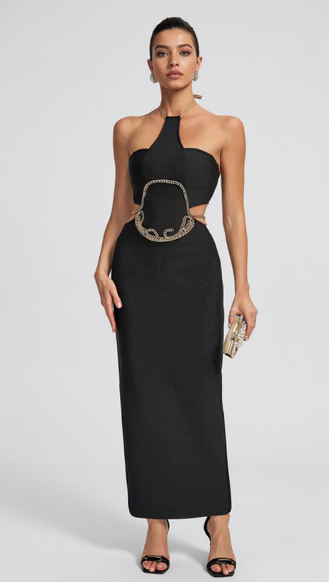 GOLD CHAIN WAIST CUTOUT BANDAGE DRESS