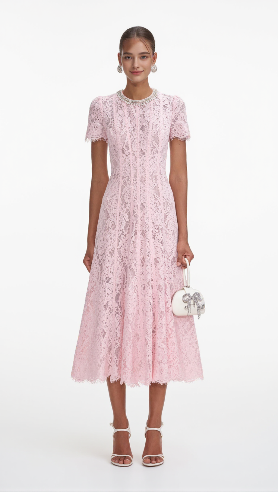 LACE EMBELLISHED MIDI DRESS IN PINK