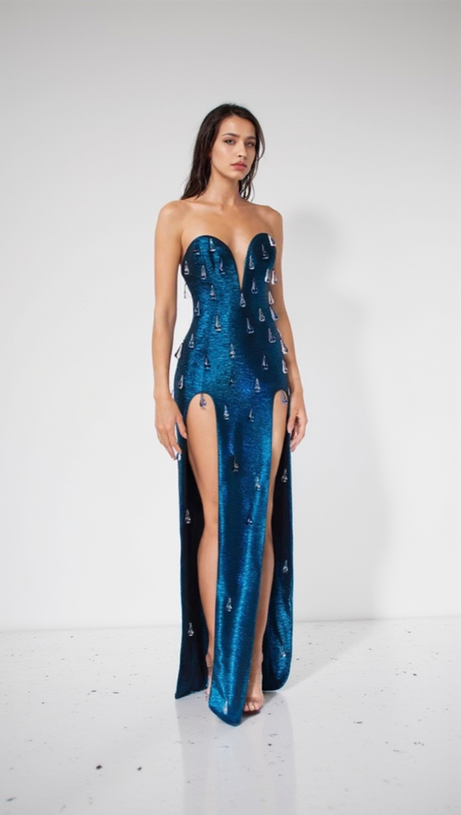 STRAPLESS CRYSTAL WOODGRAIN FOIL PRINT MAXI DRESS BLUE