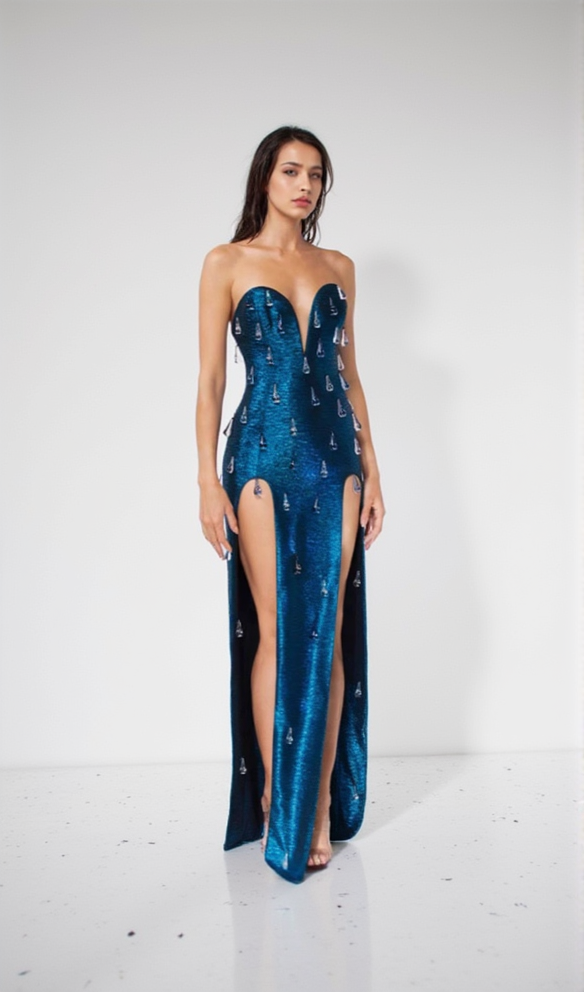 STRAPLESS CRYSTAL WOODGRAIN FOIL PRINT MAXI DRESS BLUE