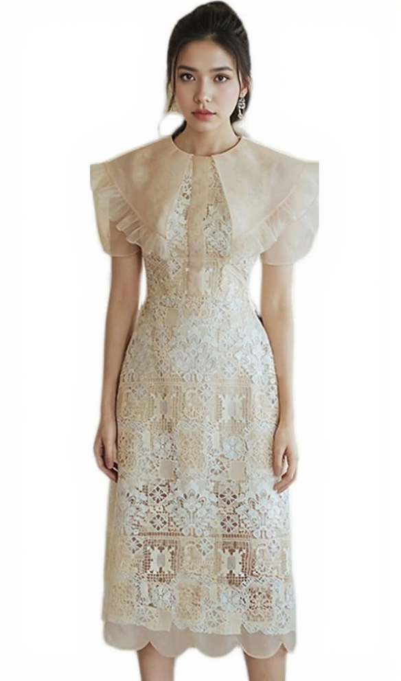 EMBROIDERY RUFFLE MIDI DRESS