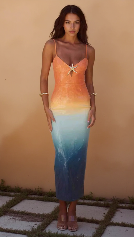 GRADIENT COLOR STARFISH SEQUIN MIDI DRESS