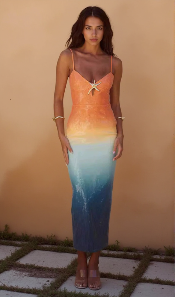 AIIZIE GRADIENT COLOR STARFISH SEQUIN MIDI DRESS - product image