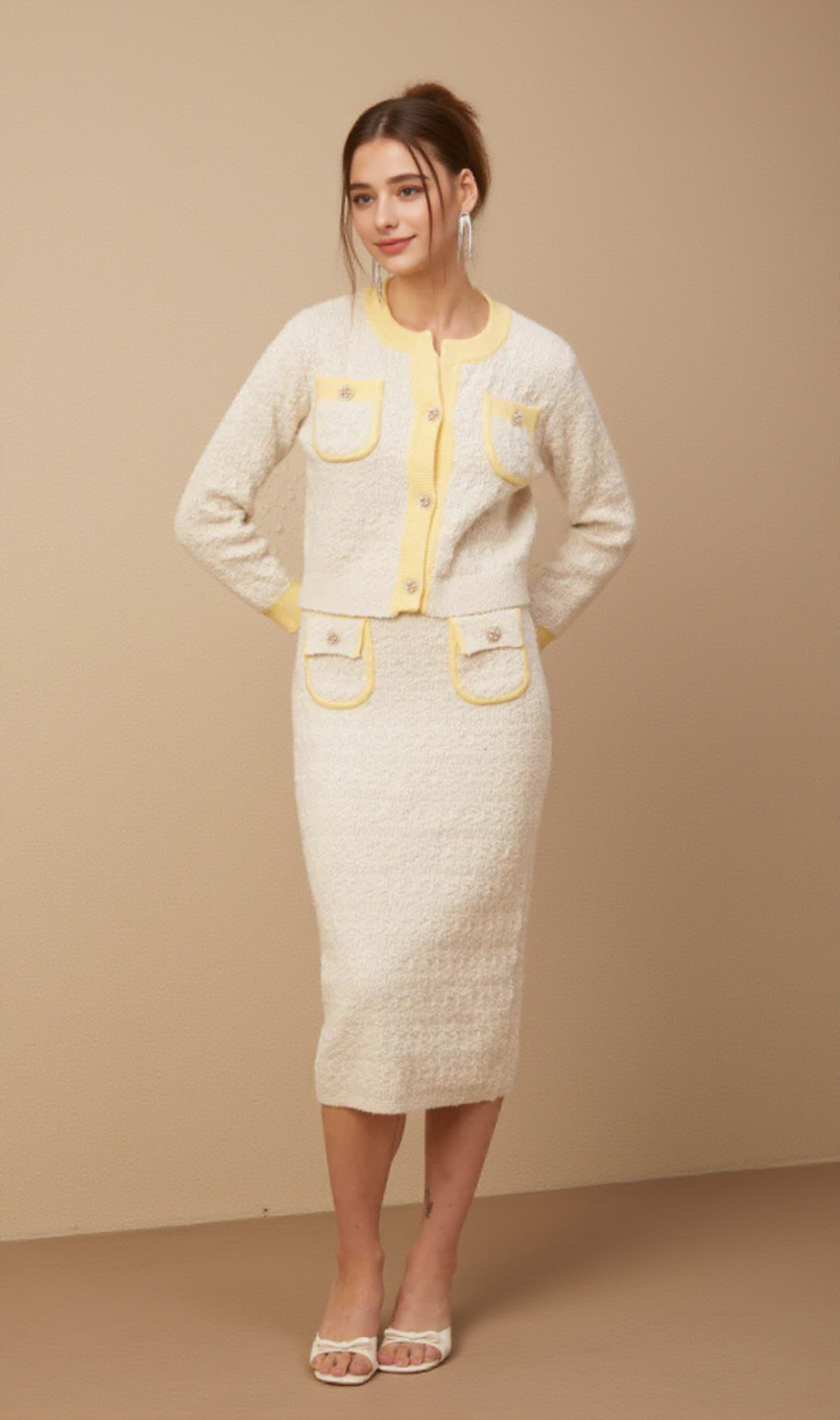 Jessie white textured knit cardigan & skirt matching set
