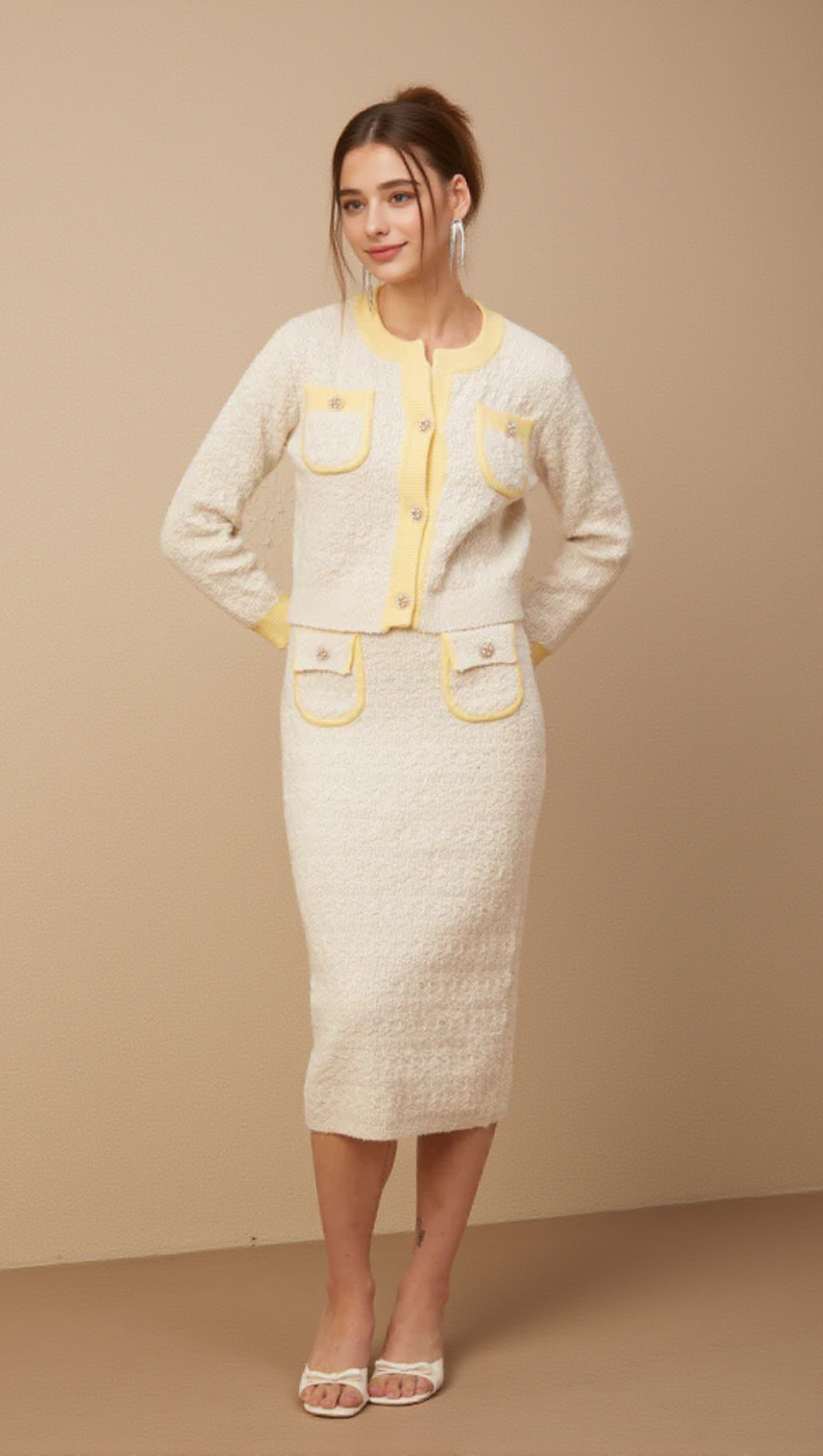 JESSIE WHITE TEXTURED KNIT CARDIGAN & SKIRT MATCHING SET