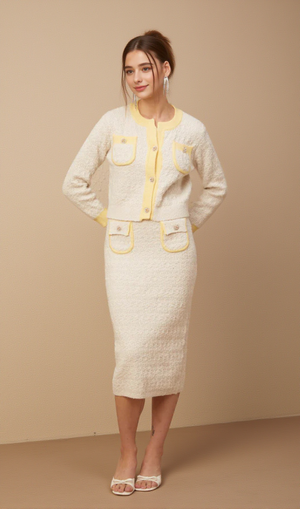 Jessie white textured knit cardigan & skirt matching set