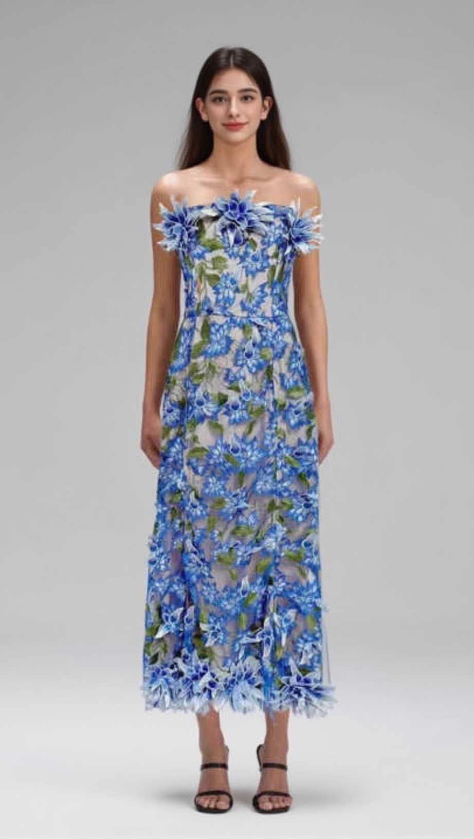 3D FLOWER EMBROIDERY STRAPLESS MIDI DRESS IN BLUE