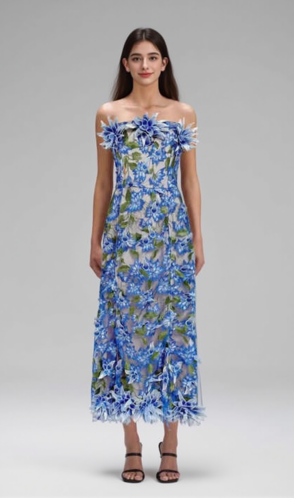 3D FLOWER EMBROIDERY STRAPLESS MIDI DRESS IN BLUE