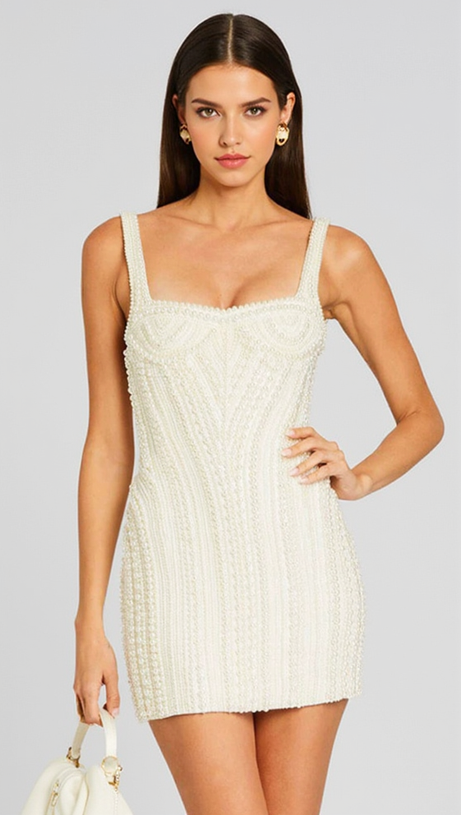 PEARL STUDDED WHITE MINI BODYCON DRESS