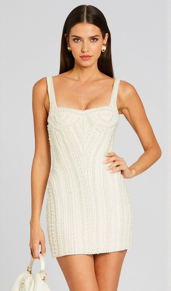 PEARL STUDDED WHITE MINI BODYCON DRESS