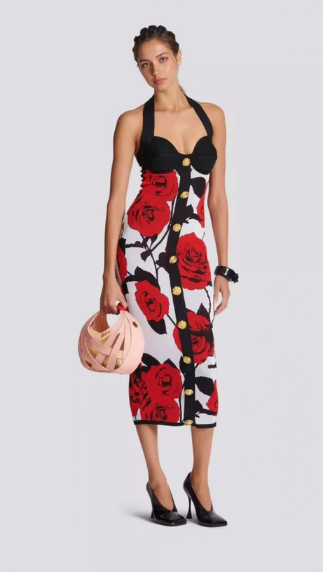 MULTICOLOR HALTERNECK ROSE PRINT MIDI DRESS