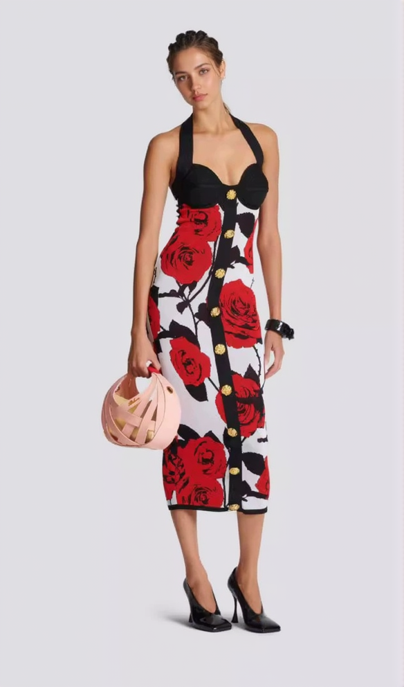 AIIZIE MULTICOLOR HALTERNECK ROSE PRINT MIDI DRESS - product image