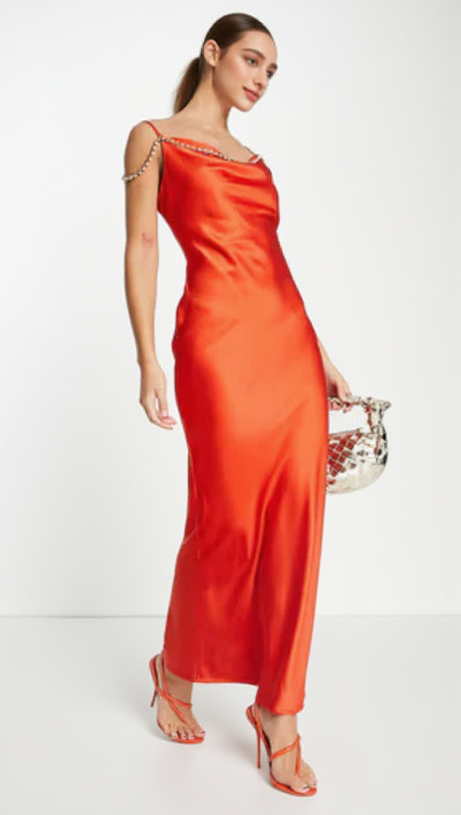 EMBELLISHED SATIN CAMI MAXI DRESS IN BURNT ORANGE