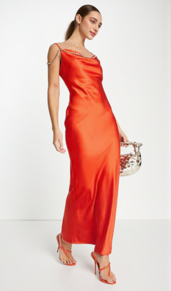 Verziertes Satin-Camisole-Maxikleid in gebranntem Orange