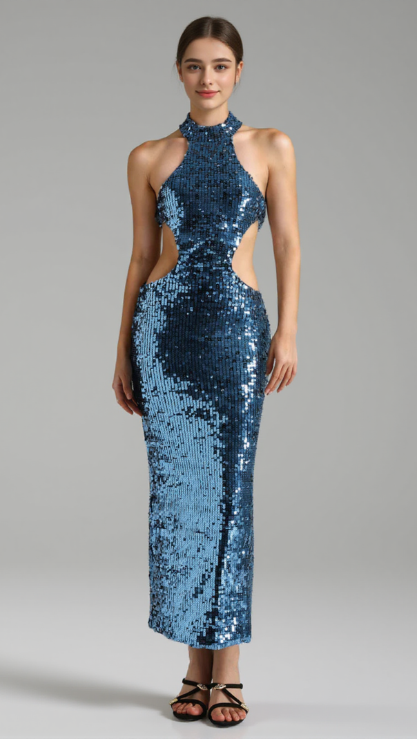 AIIZIE SHARON SEQUIN HALTER MAXI DRESS IN CERULEAN BLUE - product image