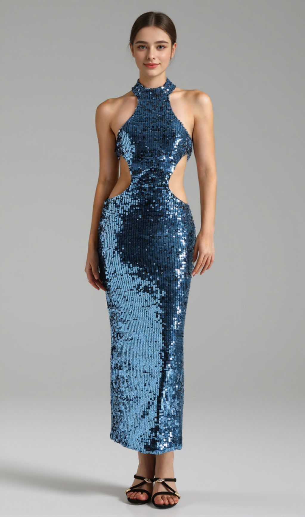SHARON SEQUIN HALTER MAXI DRESS IN CERULEAN BLUE