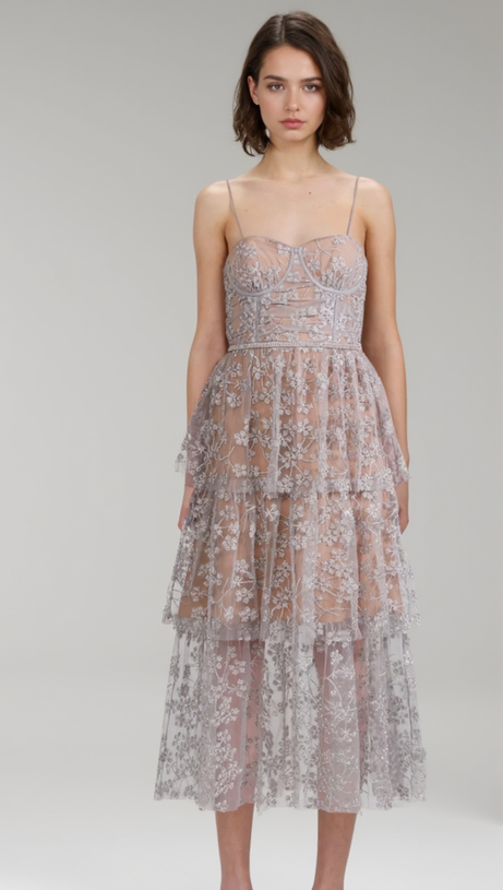 ABITO MIDI BLU CON DECORAZIONI FLOREALI