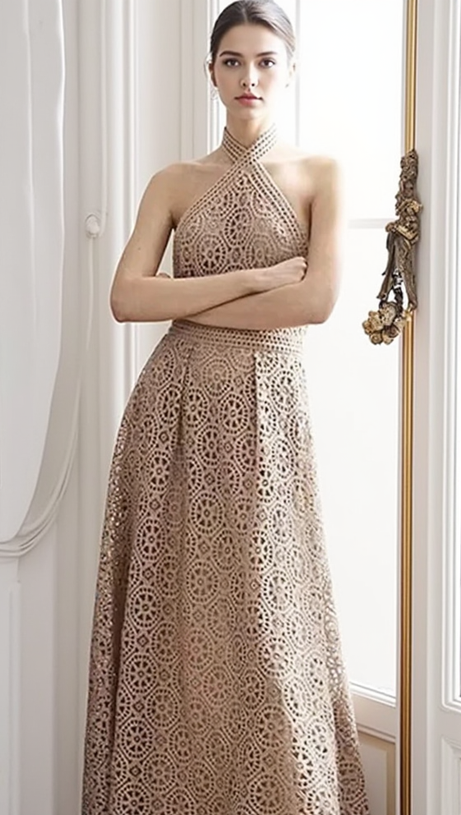 MAKRAMEE-NECKHOLDER-MIDIKLEID AUS BAUMWOLLMISCHUNG IN NUDE